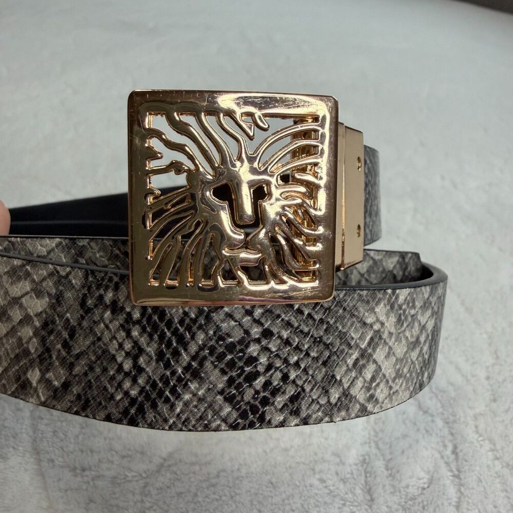 Vintage Anne Klein‎ Gold Lion Head Logo Buckle Reversible Snake Skin Belt 29-35" - Picture 12 of 12